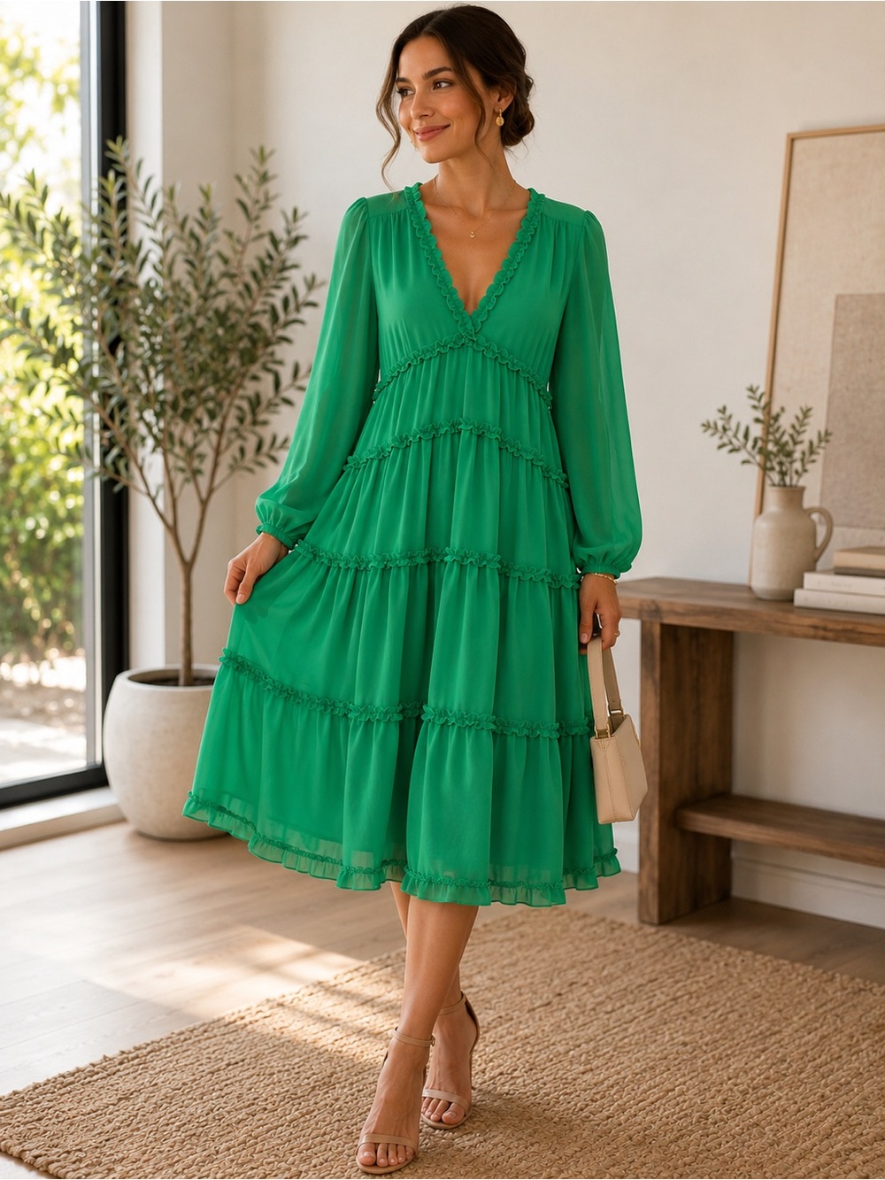 V-Neck Green Tiered Midi Dress with Long Sleeves Size 1X plus